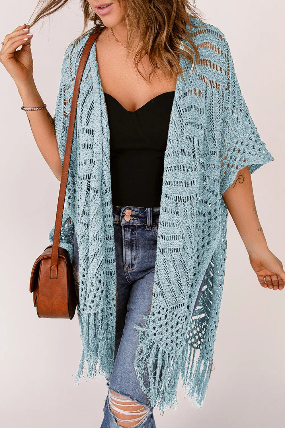 Open Front Cardigan with Fringes - GlossiChic Collection Misty Blue / One Size GlossiChic Collection Blazer & Cardigan