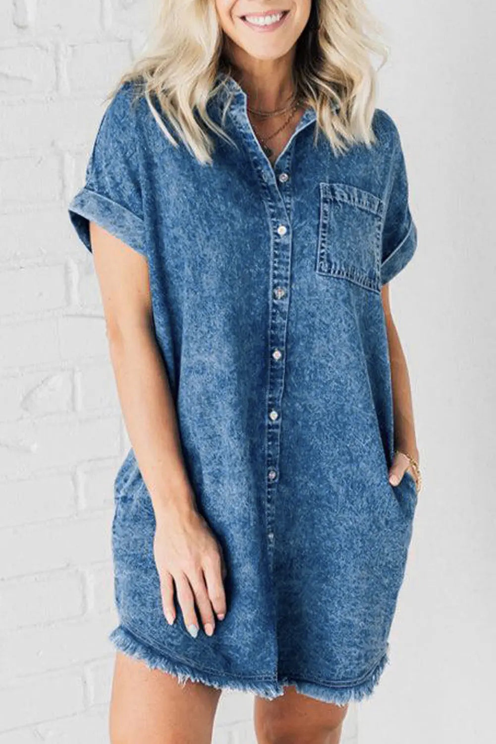 Raw Hem Pocketed Cap Sleeve Denim Dress - GlossiChic Collection Medium / S GlossiChic Collection Dresses