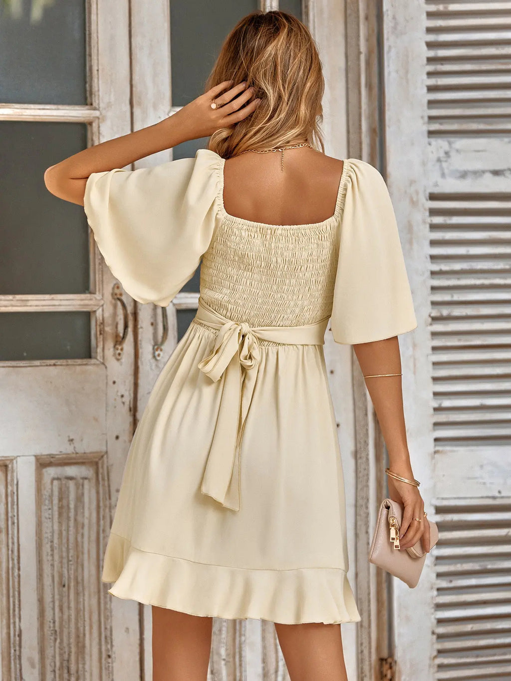 Smocked Tie Back Ruffle Hem Dress - GlossiChic Collection Sand / S GlossiChic Collection Dresses