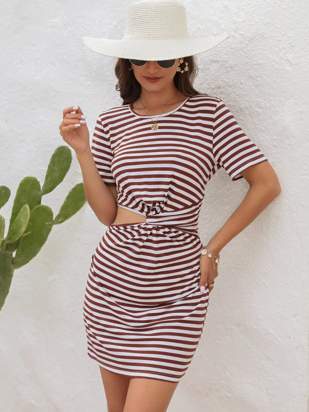 Cutout Striped Round Neck Short Sleeve Dress - GlossiChic Collection Chestnut / S GlossiChic Collection Dresses