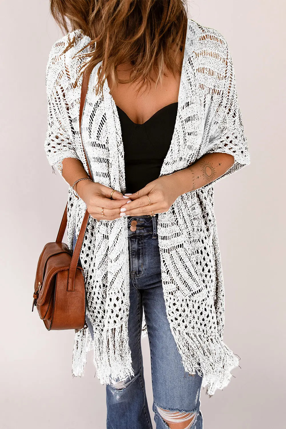 Open Front Cardigan with Fringes - GlossiChic Collection White / One Size GlossiChic Collection Blazer & Cardigan