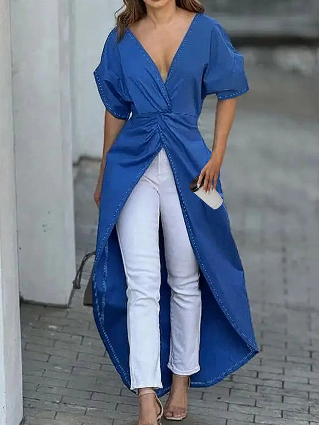 Twisted High-Low Short Sleeve Blouse - GlossiChic Collection Royal Blue / S GlossiChic Collection Shirts & Tops