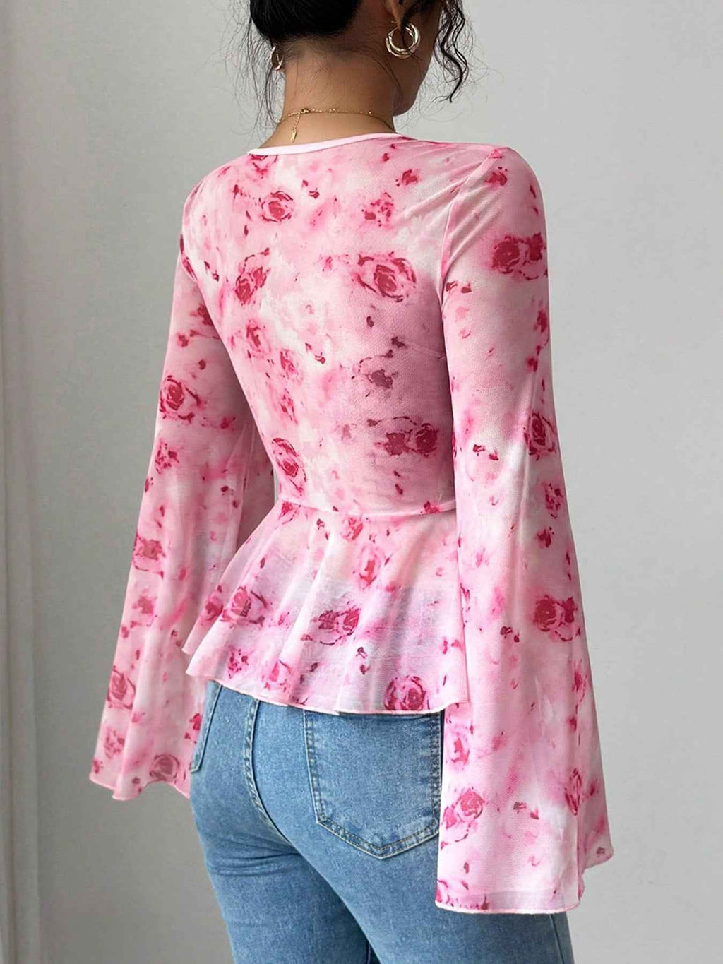 Floral Print Tie Front Flare Sleeve Chiffon Blouse