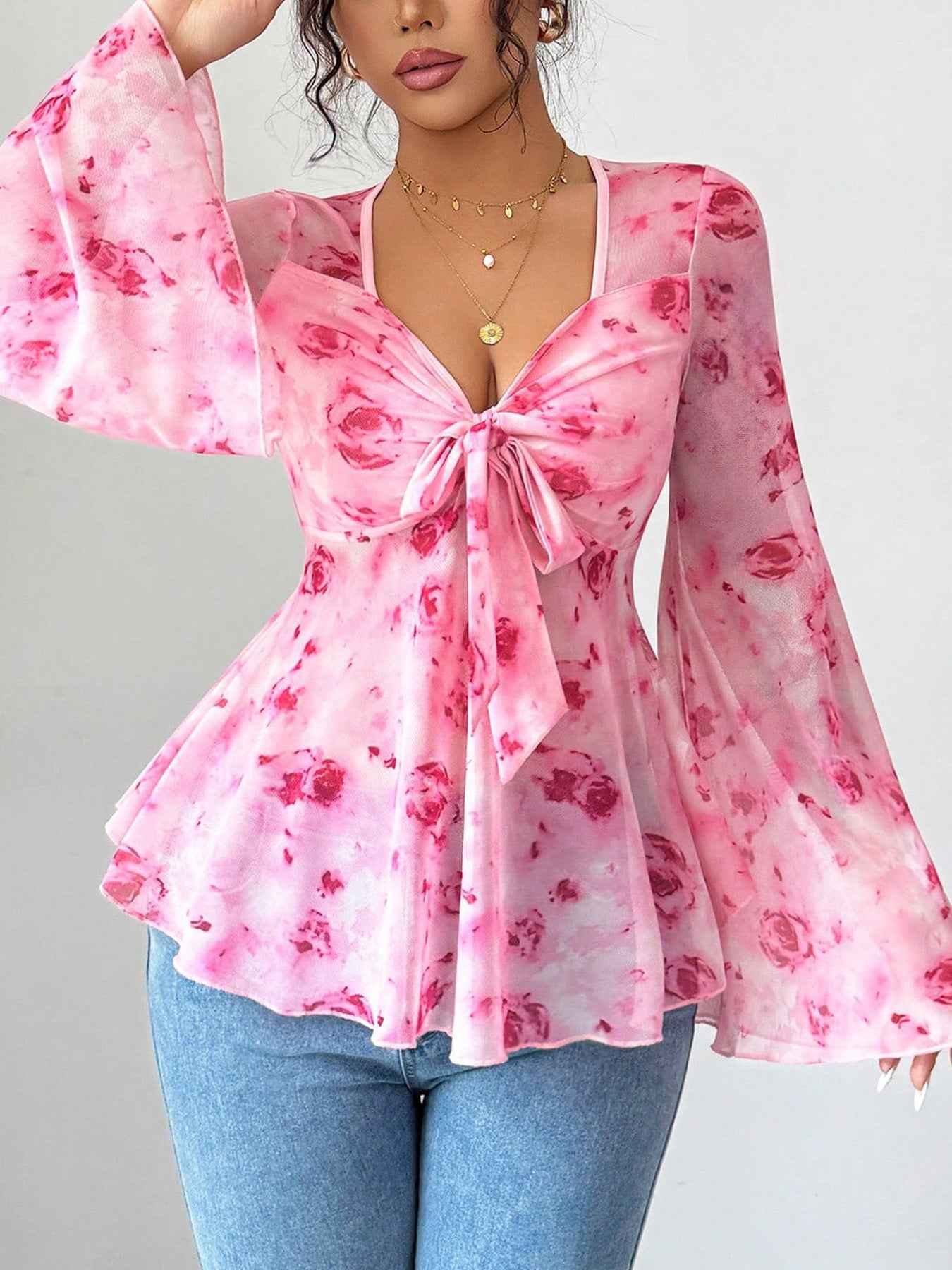 Floral Print Tie Front Flare Sleeve Chiffon Blouse