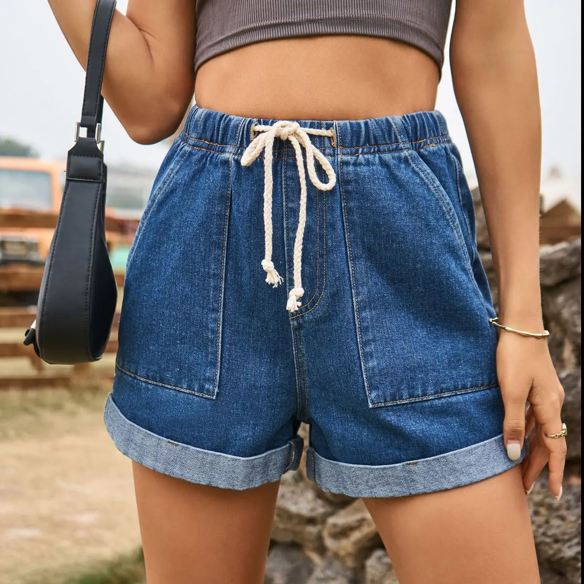 Drawstring High Waist Denim Shorts with Pockets - GlossiChic Collection Dusty Blue / S GlossiChic Collection Jeans, Pants, & Shorts