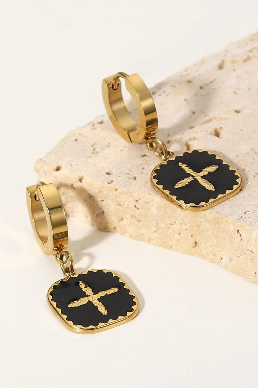 Cross Sign Square Shape Drop Earrings - GlossiChic Collection Black/Gold / One Size GlossiChic Collection jewelry