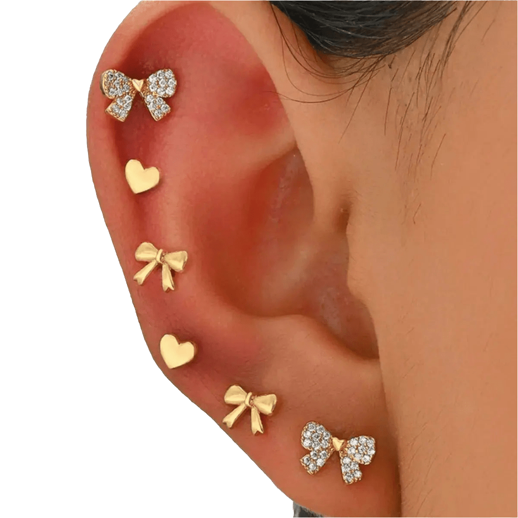 6 Piece Bow Heart Stud Earrings Set - GlossiChic Collection Gold / One Size GlossiChic Collection jewelry