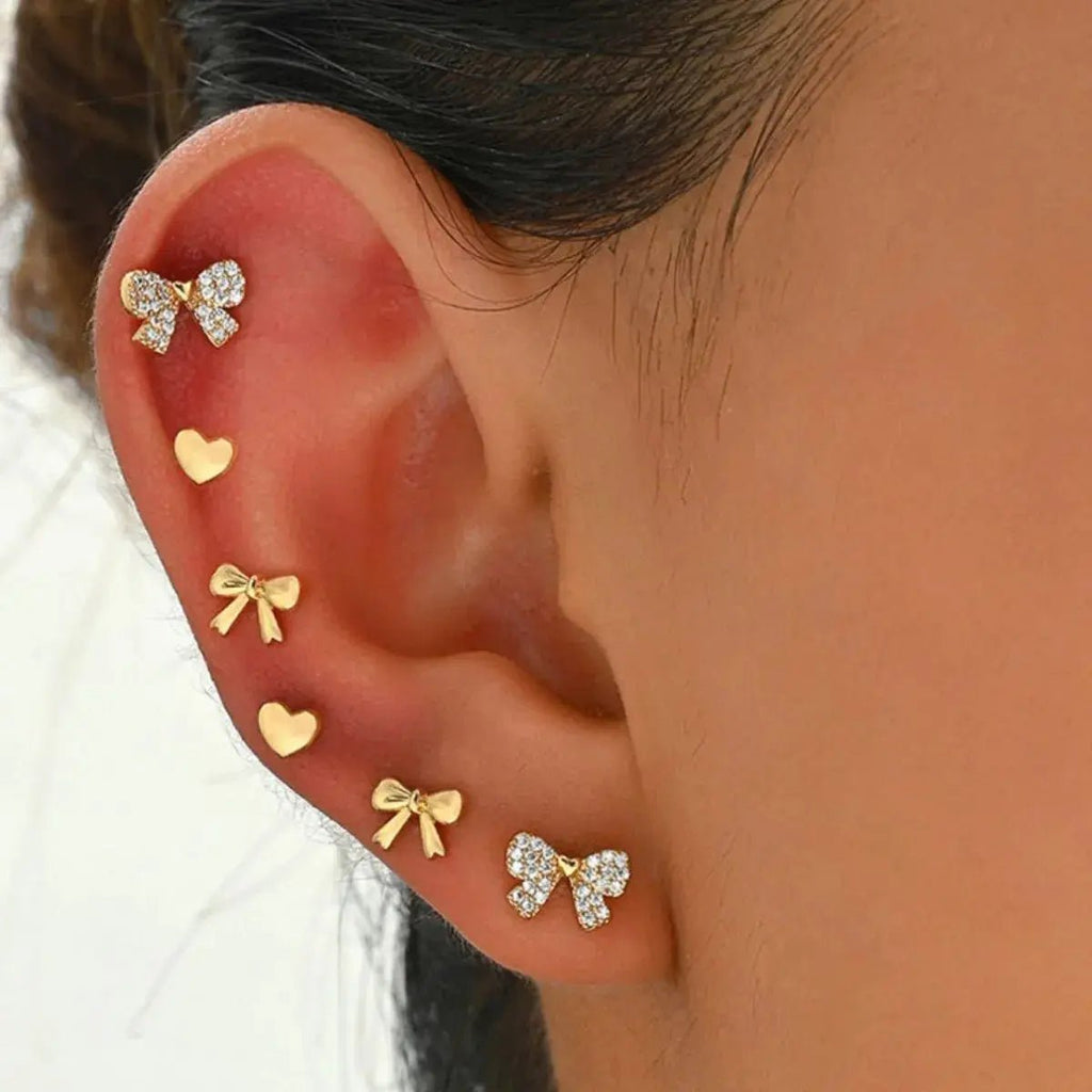 6 Piece Bow Heart Stud Earrings Set - GlossiChic Collection Gold / One Size GlossiChic Collection jewelry
