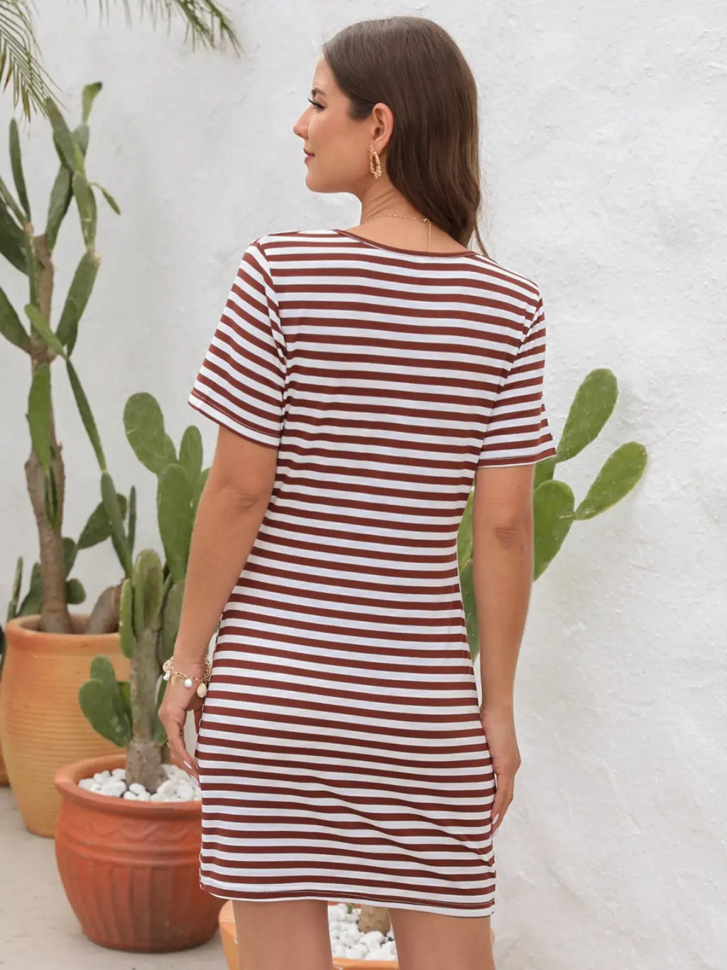 Cutout Striped Round Neck Short Sleeve Dress - GlossiChic Collection Chestnut / S GlossiChic Collection Dresses