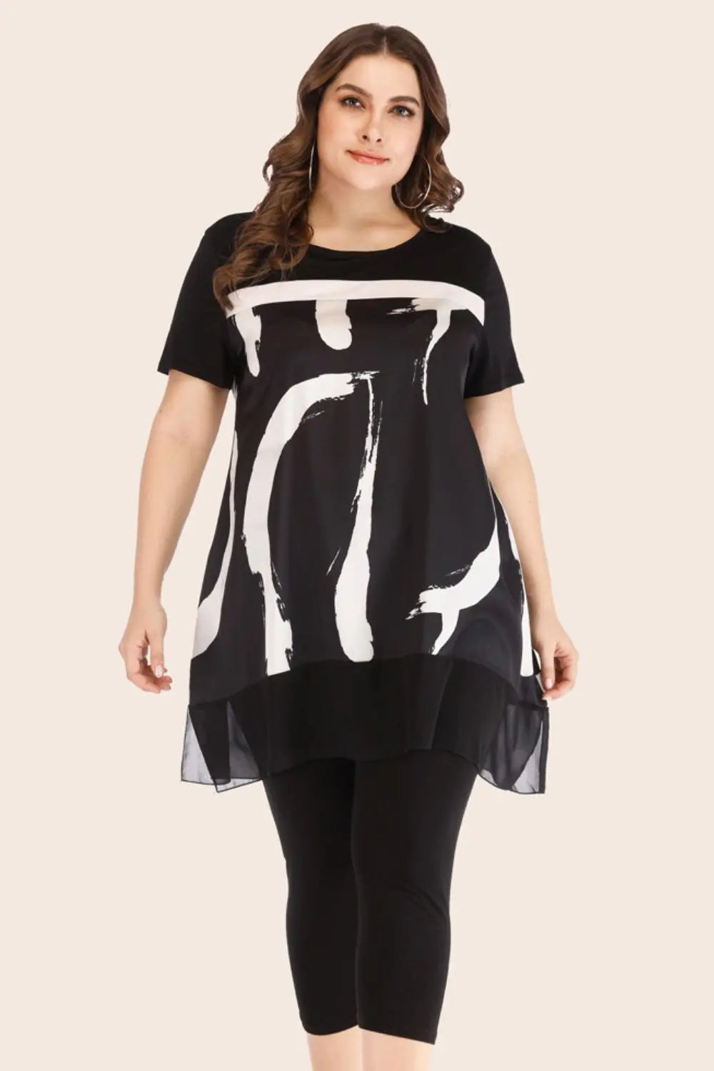 Plus Size Contrast Spliced Mesh T-Shirt and Cropped Leggings Set - GlossiChic Collection Black / XL GlossiChic Collection Outfit Sets