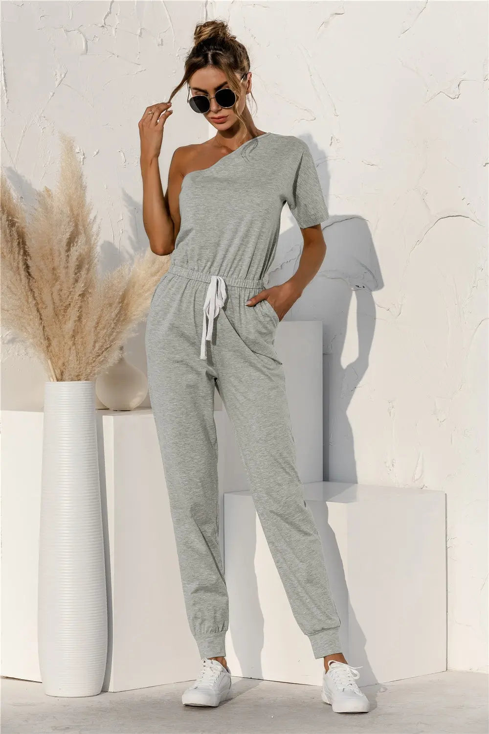 Single Shoulder Short Sleeve Jumpsuit - GlossiChic Collection Heather Gray / S GlossiChic Collection Jumpers & Rompers
