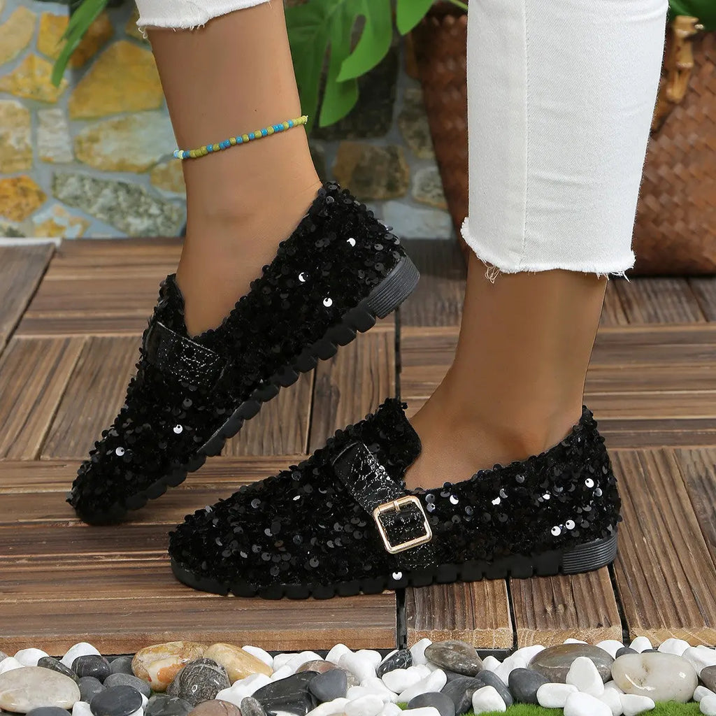 Sequin Round Toe Slip-Ons - GlossiChic Collection Black / 36(US5) GlossiChic Collection Shoes & Accessories