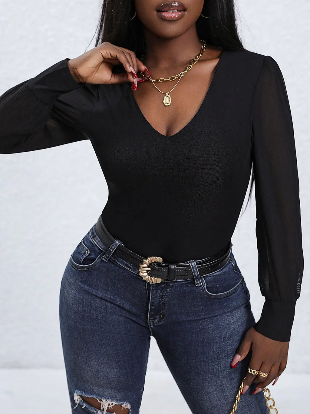 V-Neck Long Sleeve Bodysuit - GlossiChic Collection Black / S GlossiChic Collection Bodysuits