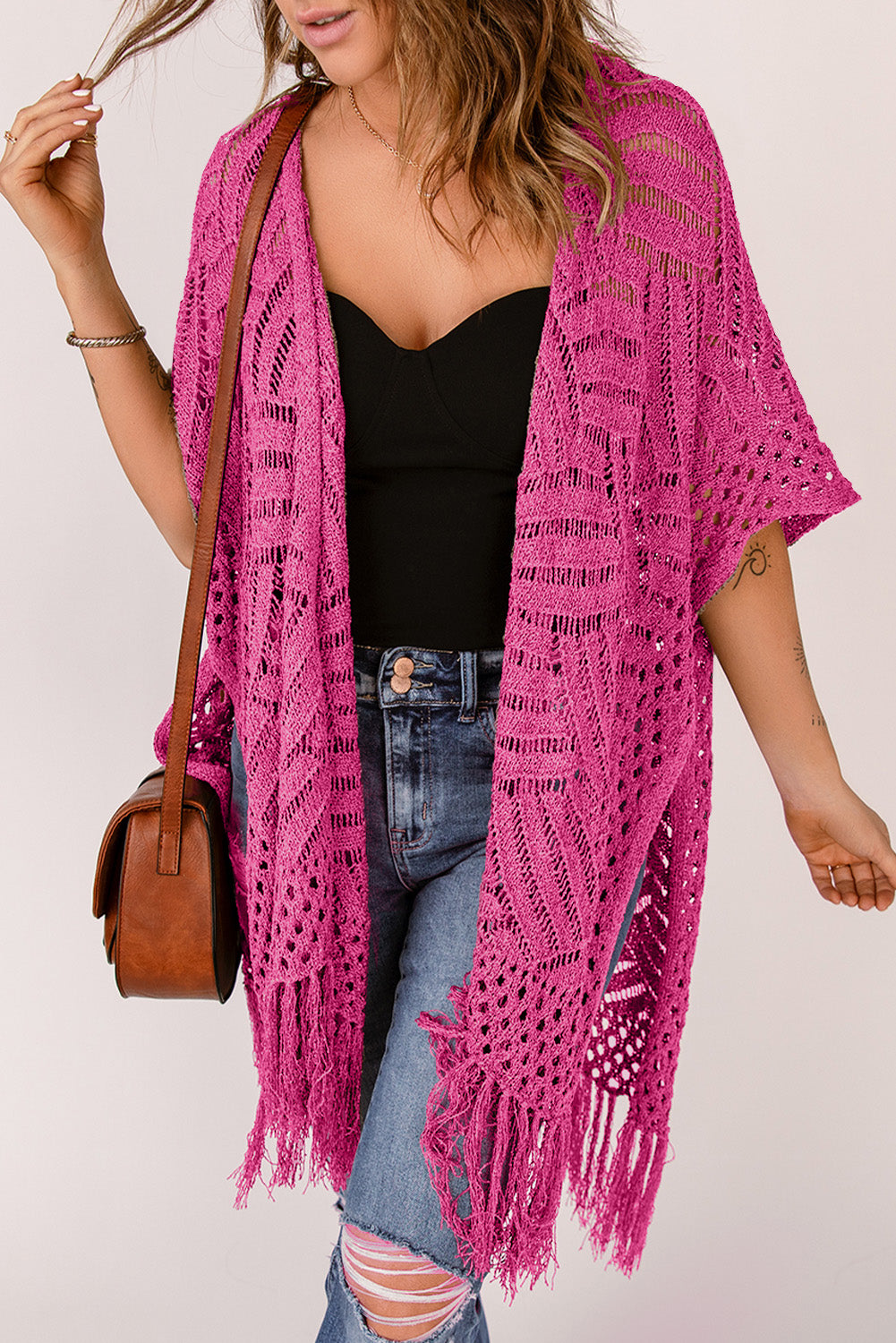 Open Front Cardigan with Fringes - GlossiChic Collection Hot Pink / One Size GlossiChic Collection Blazer & Cardigan