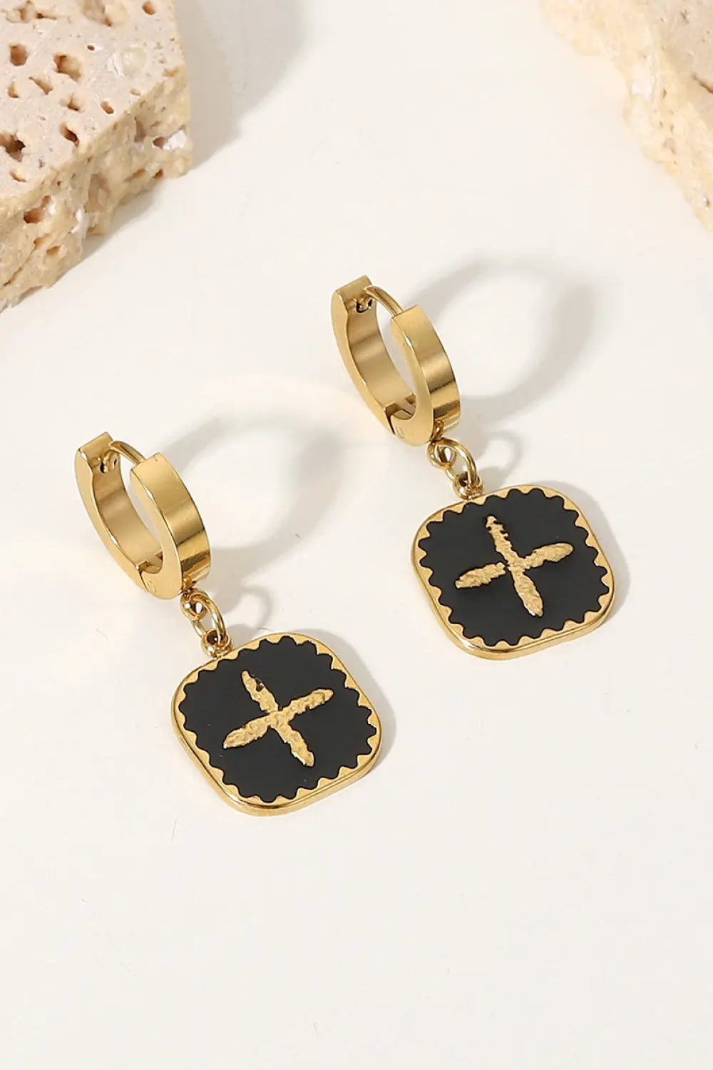 Cross Sign Square Shape Drop Earrings - GlossiChic Collection Black/Gold / One Size GlossiChic Collection jewelry