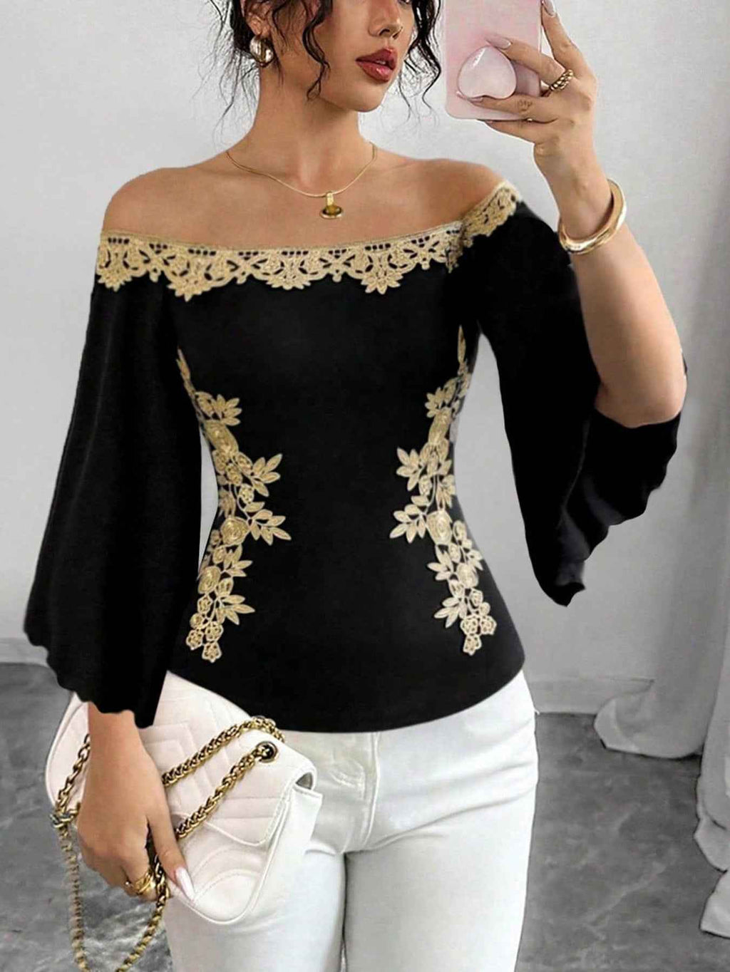 Off-Shoulder Embroidered Bell Sleeve Top