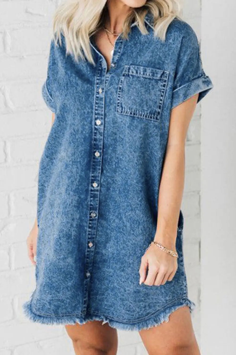 Raw Hem Pocketed Cap Sleeve Denim Dress - GlossiChic Collection Medium / S GlossiChic Collection Dresses