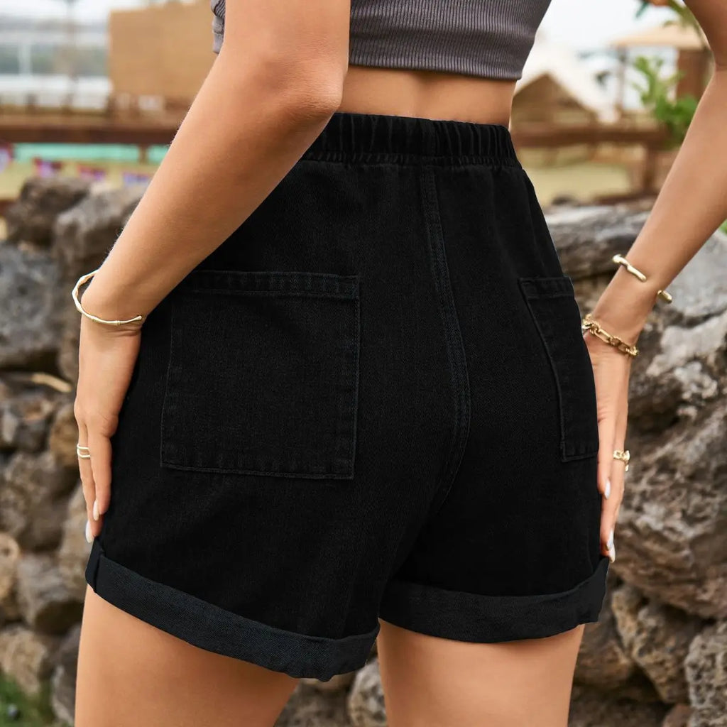 Drawstring High Waist Denim Shorts with Pockets - GlossiChic Collection Navy / S GlossiChic Collection Jeans, Pants, & Shorts