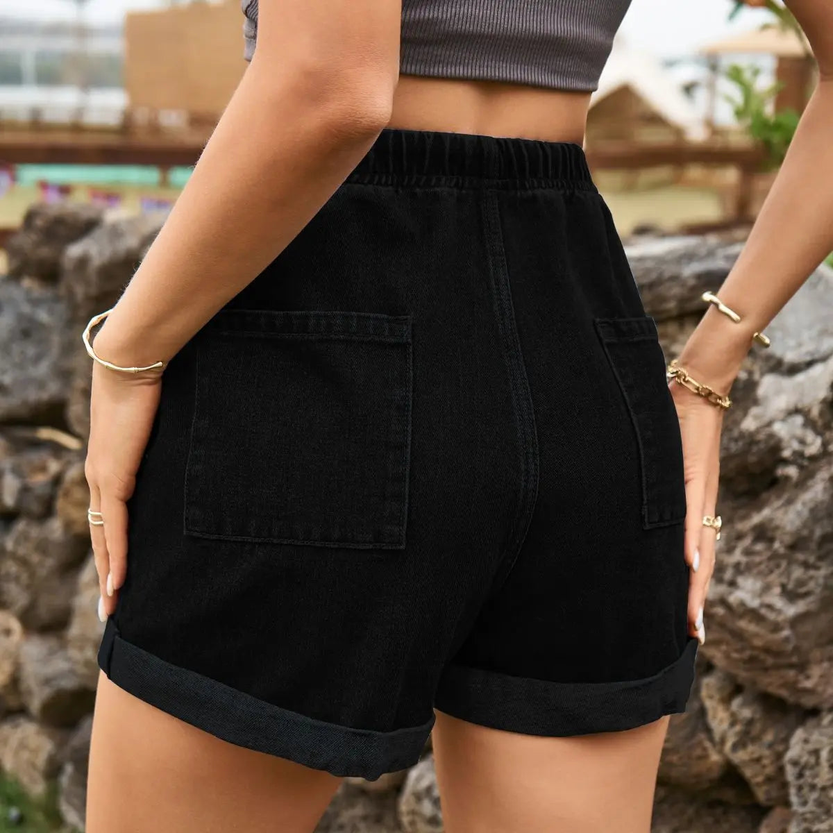 Drawstring High Waist Denim Shorts with Pockets - GlossiChic Collection Navy / S GlossiChic Collection Jeans, Pants, & Shorts