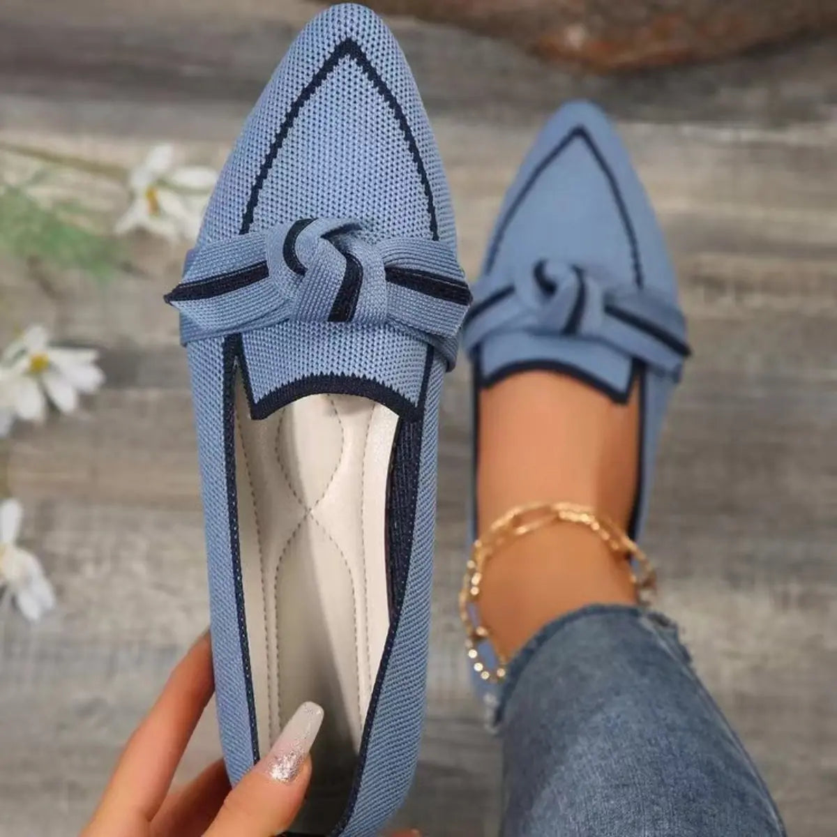 Bow Contrast Trim Point Toe Shoes - GlossiChic Collection Dusty Blue / 36(US5) GlossiChic Collection Shoes & Accessories