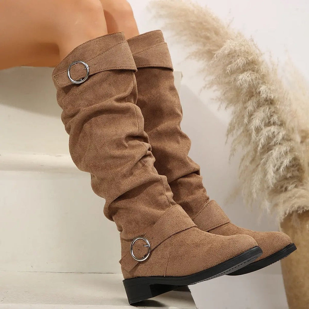 Buckle Round Toe Block Heel Boots - GlossiChic CollectionShoes