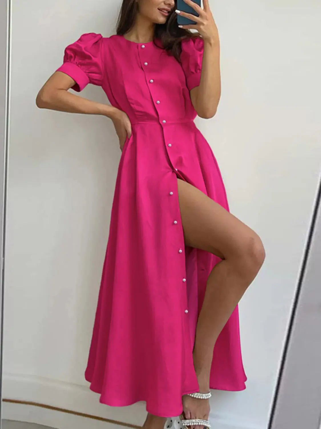 Button Down Short Sleeve Dress - GlossiChic Collection Hot Pink / S GlossiChic Collection Dresses