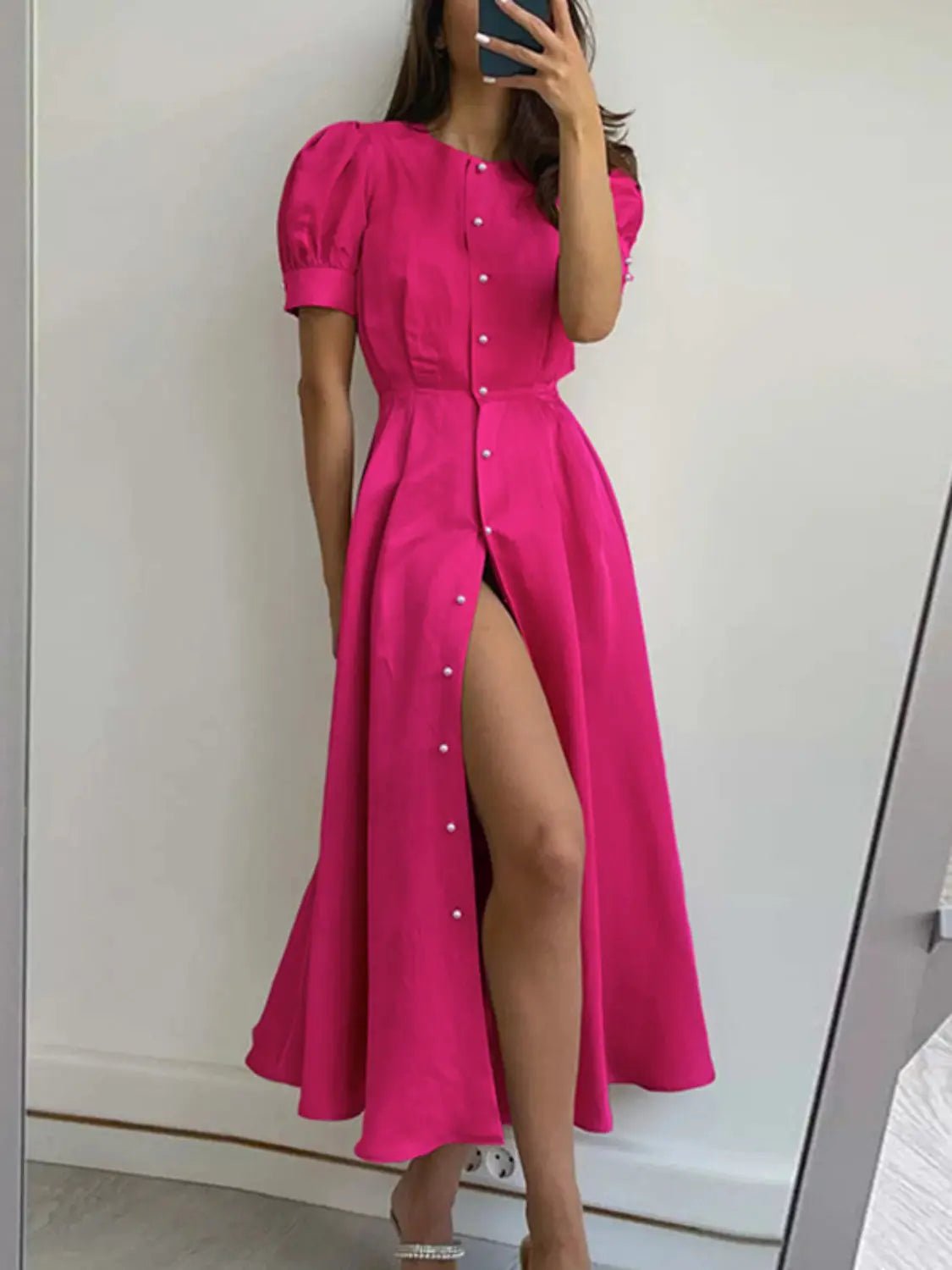 Button Down Short Sleeve Dress - GlossiChic Collection Hot Pink / S GlossiChic Collection Dresses