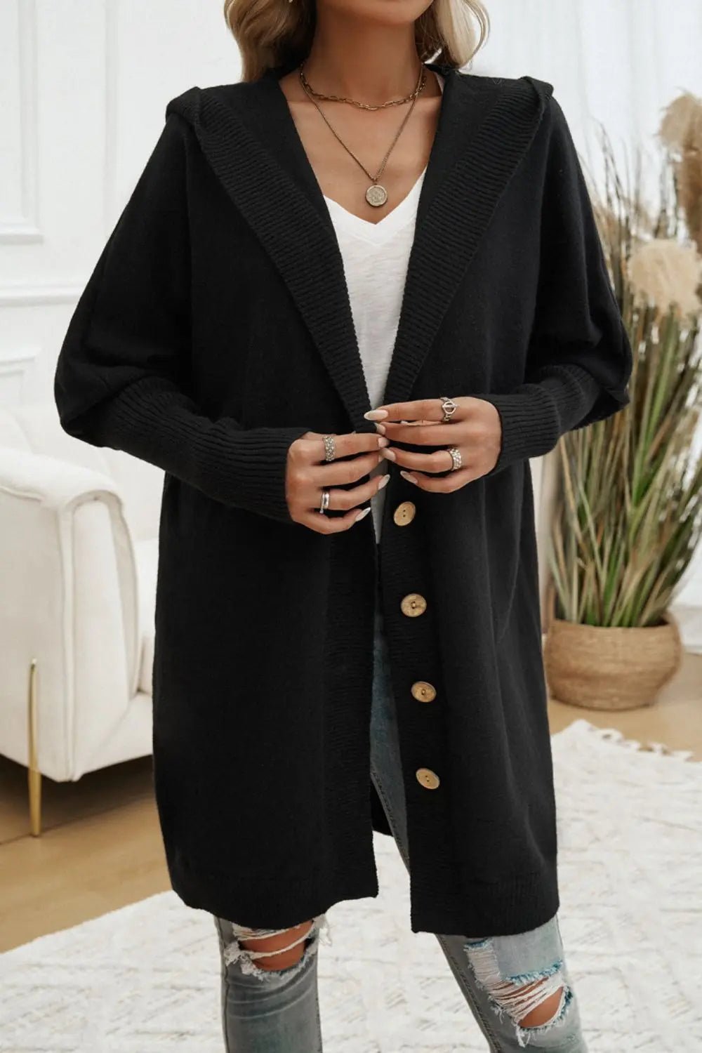 Button Up Long Sleeve Hooded Cardigan - GlossiChic Collection Black / S GlossiChic Collection Blazer & Cardigan