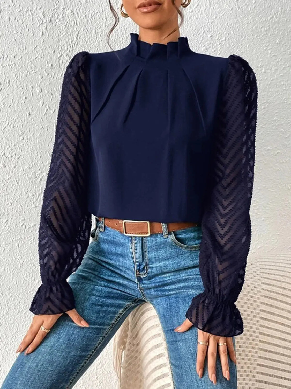 Mock Neck Flounce Sleeve Blouse - GlossiChic Collection Navy / S GlossiChic Collection Shirts & Tops