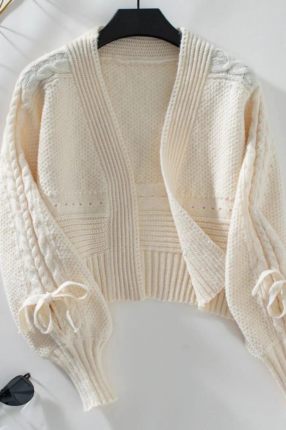 Cable-Knit Tied Open Front Lantern Sleeve Cardigan - GlossiChic Collection Cream / S GlossiChic Collection Blazer & Cardigan