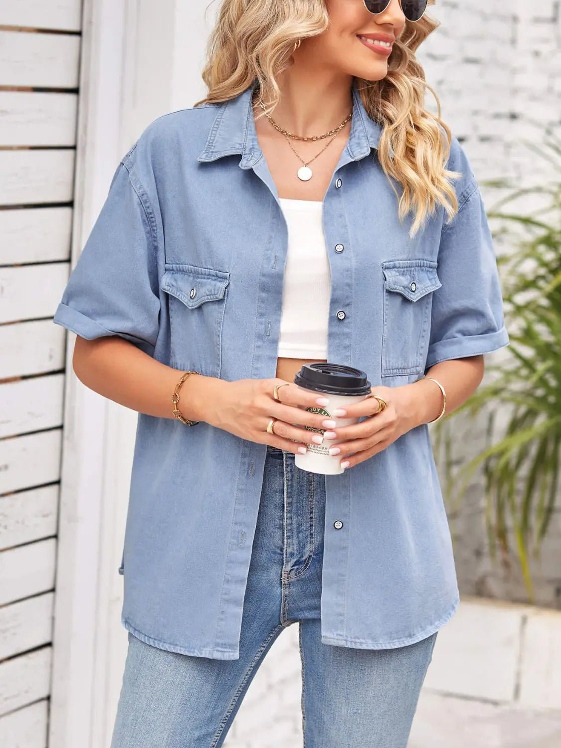 Collared Neck Short Sleeve Denim Jacket - GlossiChic CollectionShirts & Tops