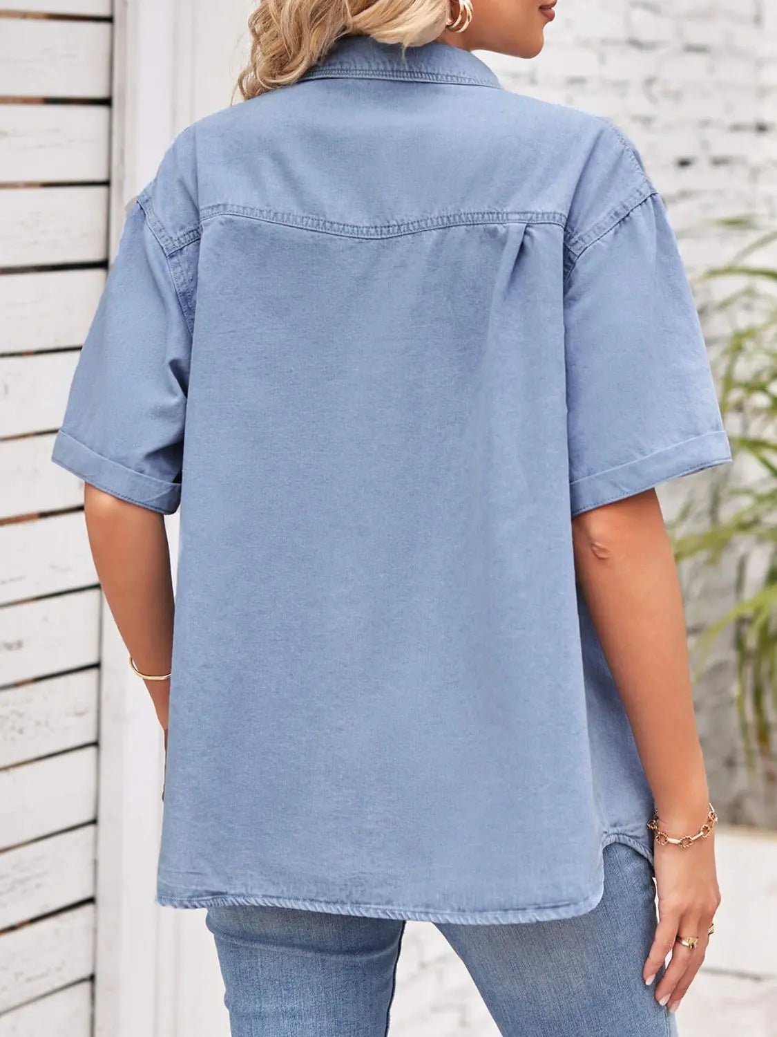 Collared Neck Short Sleeve Denim Jacket - GlossiChic CollectionShirts & Tops