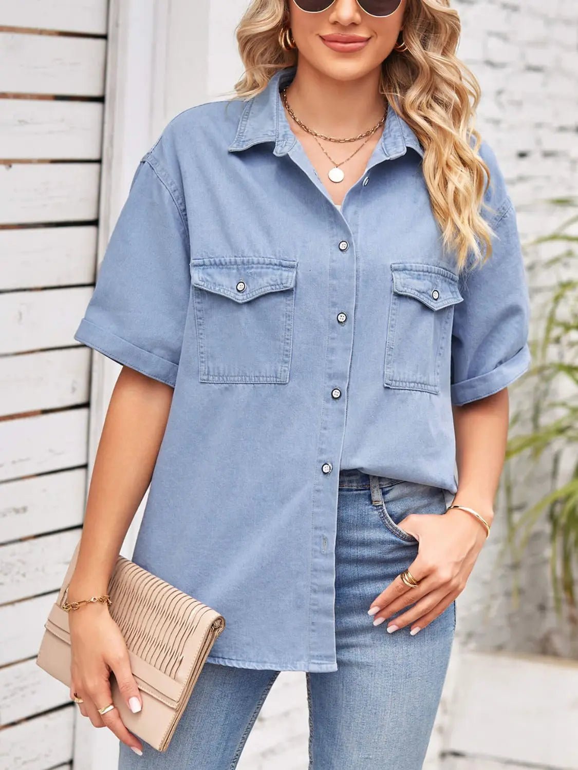 Collared Neck Short Sleeve Denim Jacket - GlossiChic CollectionShirts & Tops