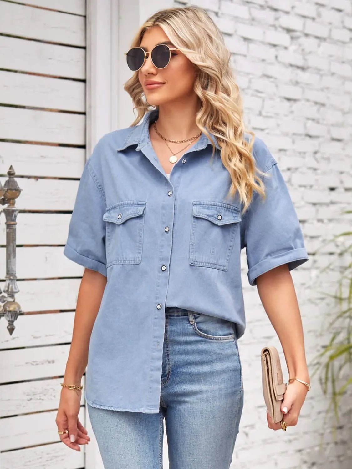 Collared Neck Short Sleeve Denim Jacket - GlossiChic CollectionShirts & Tops