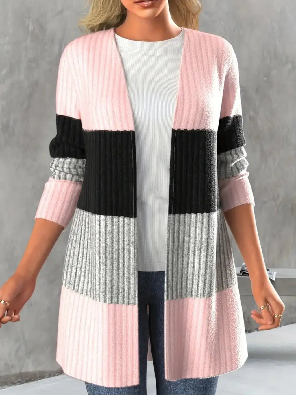 Color Block Open Front Long Sleeve Cardigan - GlossiChic Collection Blush Pink / S GlossiChic Collection Blazer & Cardigan