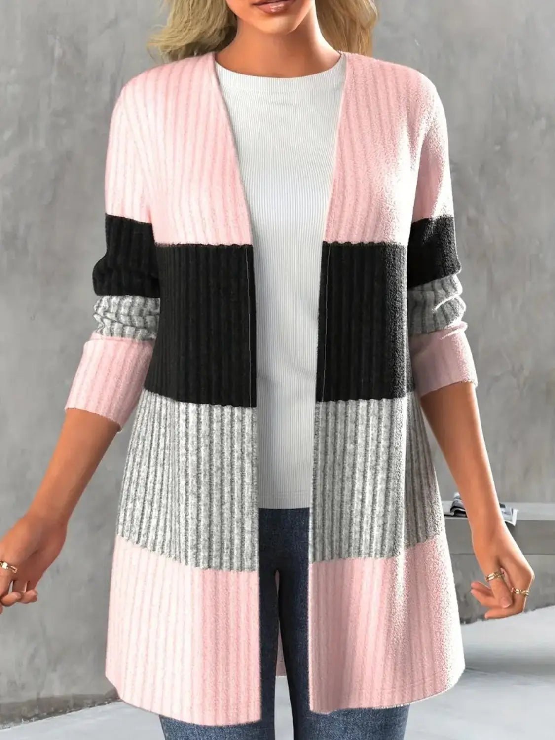 Color Block Open Front Long Sleeve Cardigan - GlossiChic Collection Blush Pink / S GlossiChic Collection Blazer & Cardigan
