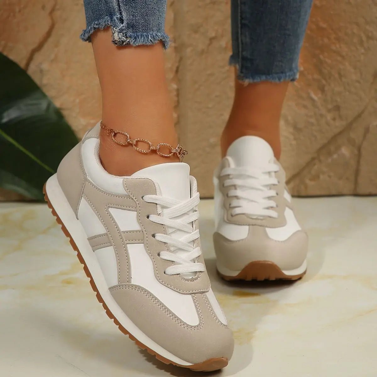 Contrast Lace Up Round Toe Sneakers - GlossiChic Collection Beige / 35(US4) GlossiChic Collection Shoes