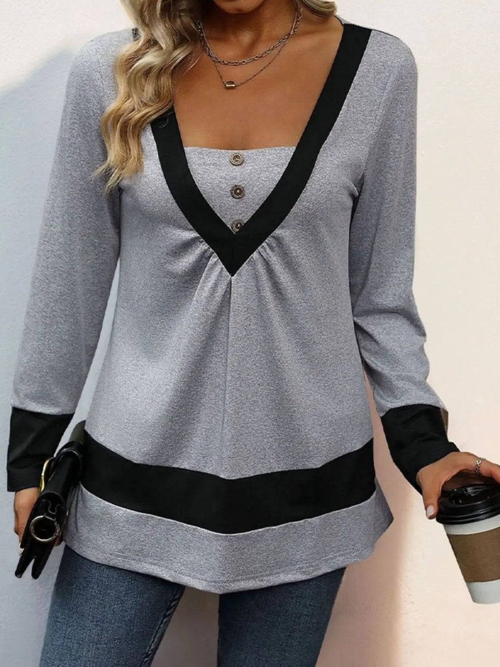 Contrast Long Sleeve T-Shirt - GlossiChic Collection Gray / S GlossiChic Collection Shirts & Tops