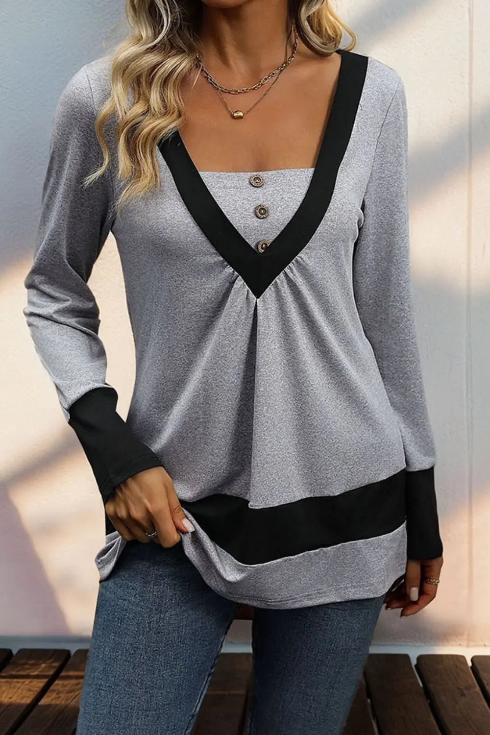 Contrast Long Sleeve T-Shirt - GlossiChic Collection Gray / S GlossiChic Collection Shirts & Tops