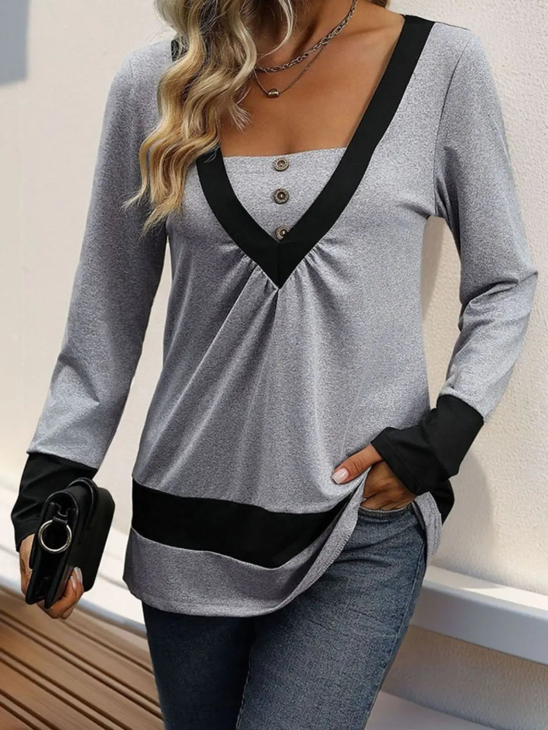 Contrast Long Sleeve T-Shirt - GlossiChic Collection Gray / S GlossiChic Collection Shirts & Tops