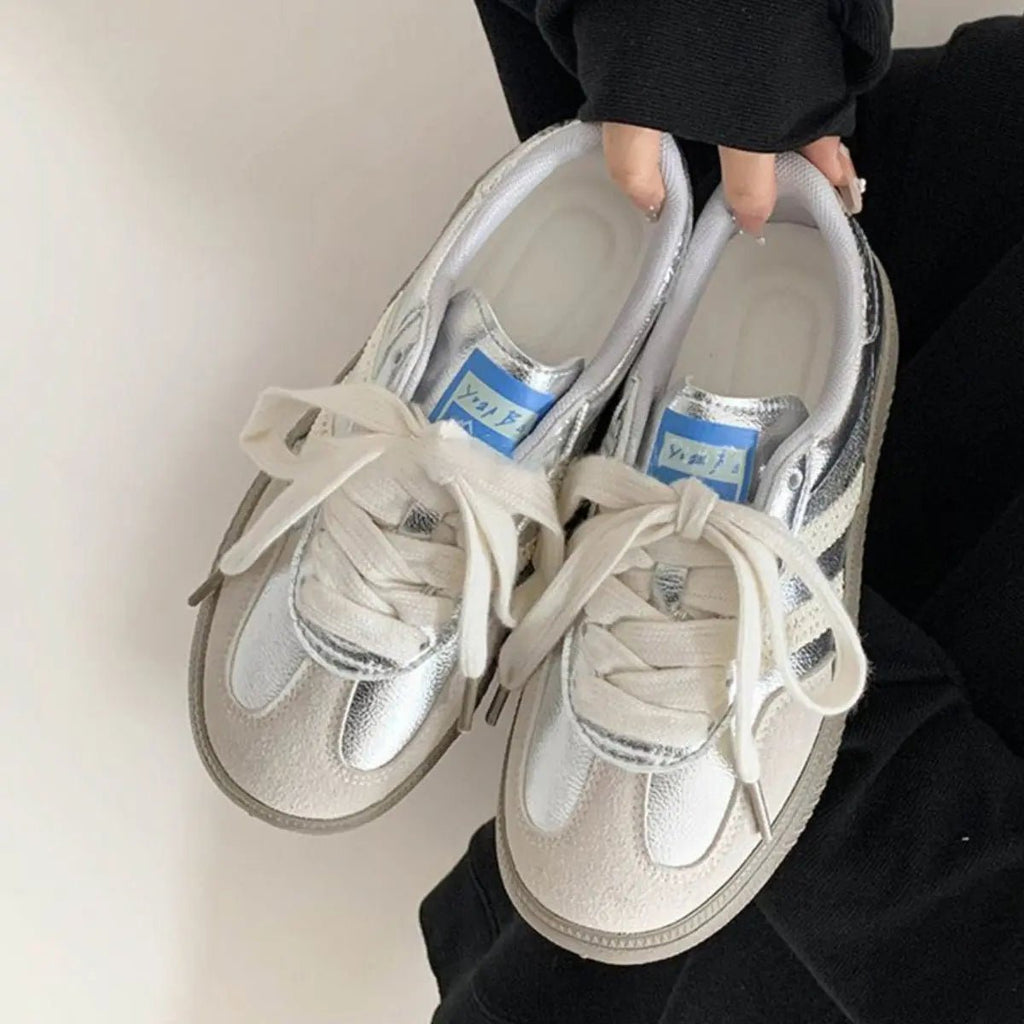 Contrast Round Toe Flat Sneakers - GlossiChic Collection Silver / 35(US4) GlossiChic Collection Shoes
