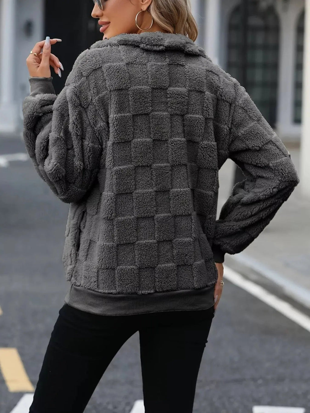 Cozy Checkered Fleece Quarter Zip Sweatshirt - GlossiChic CollectionShirts & Tops