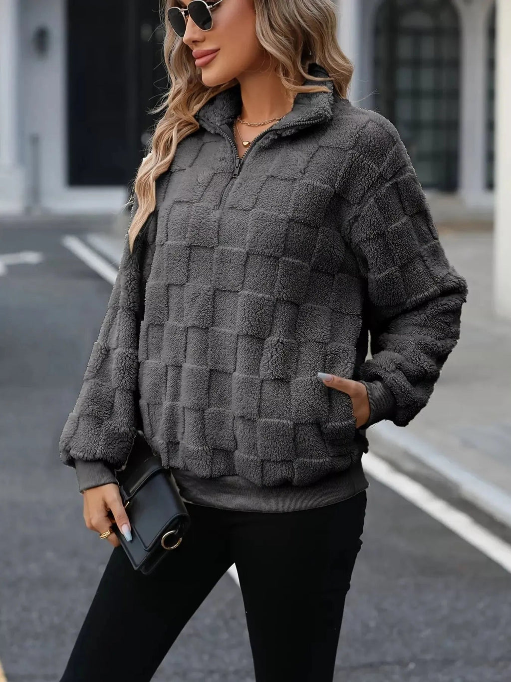 Cozy Checkered Fleece Quarter Zip Sweatshirt - GlossiChic CollectionShirts & Tops
