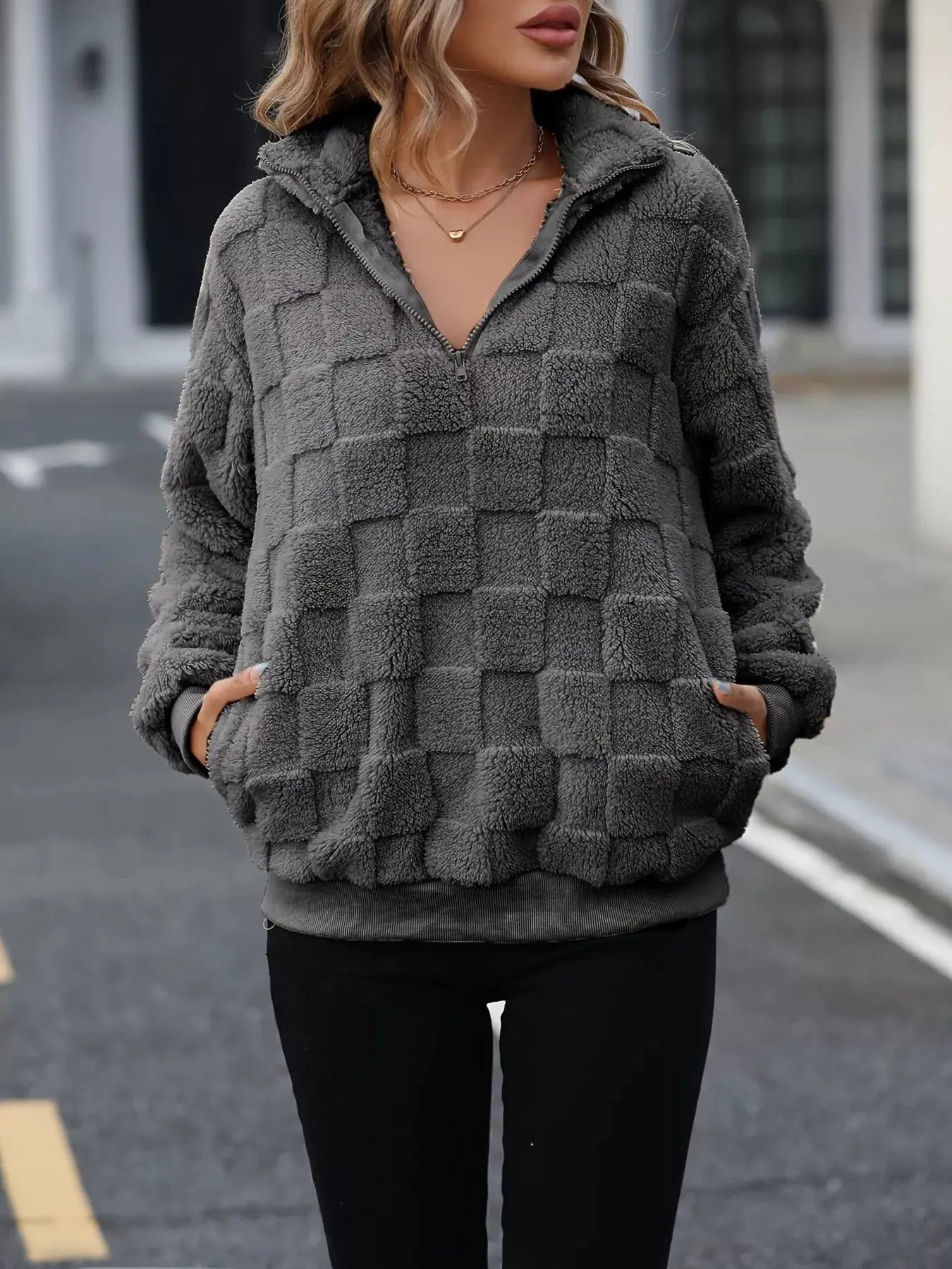Cozy Checkered Fleece Quarter Zip Sweatshirt - GlossiChic CollectionShirts & Tops