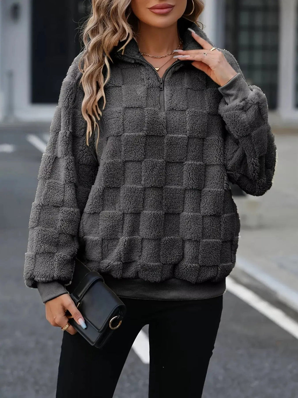 Cozy Checkered Fleece Quarter Zip Sweatshirt - GlossiChic CollectionShirts & Tops