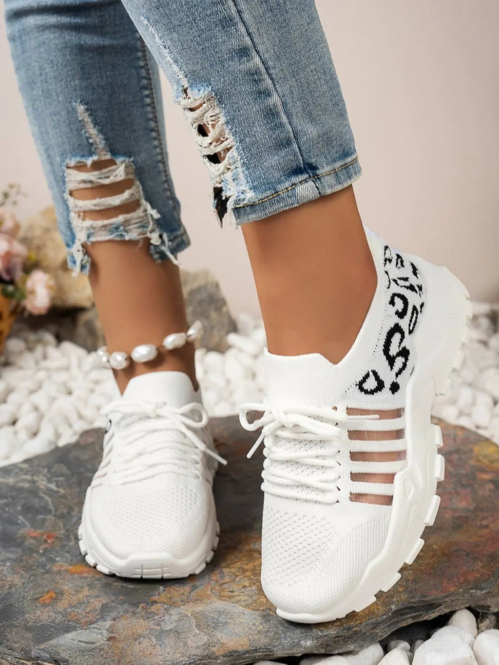 Cutout Leopard Lace Up Mesh Athletic - GlossiChic Collection White / 36(US5) GlossiChic Collection Shoes