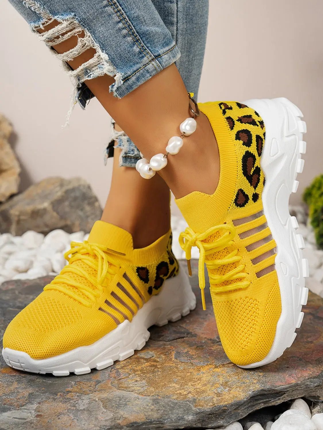Cutout Leopard Lace Up Mesh Athletic - GlossiChic Collection Yellow / 36(US5) GlossiChic Collection Shoes