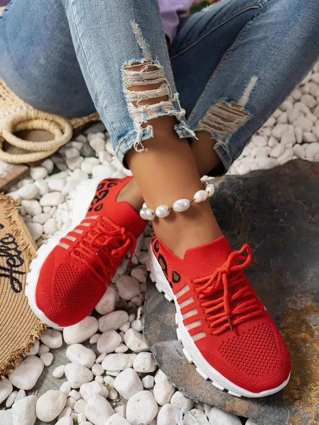 Cutout Leopard Lace Up Mesh Athletic - GlossiChic Collection Red / 36(US5) GlossiChic Collection Shoes