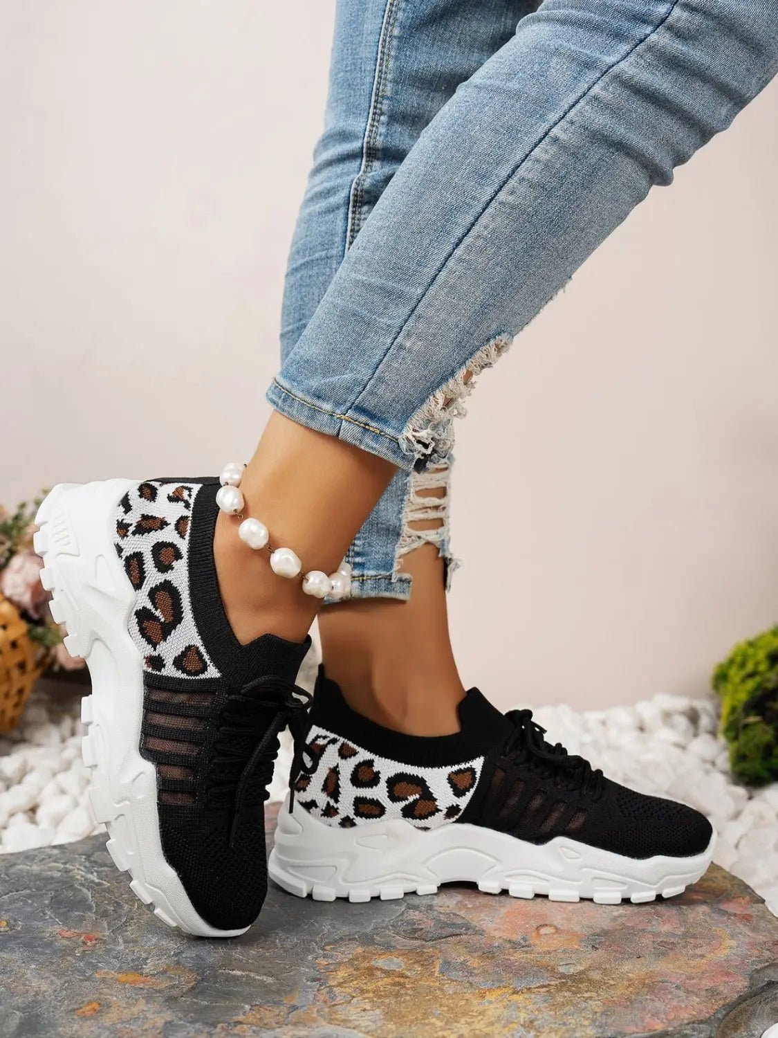 Cutout Leopard Lace Up Mesh Athletic - GlossiChic Collection Black / 36(US5) GlossiChic Collection Shoes