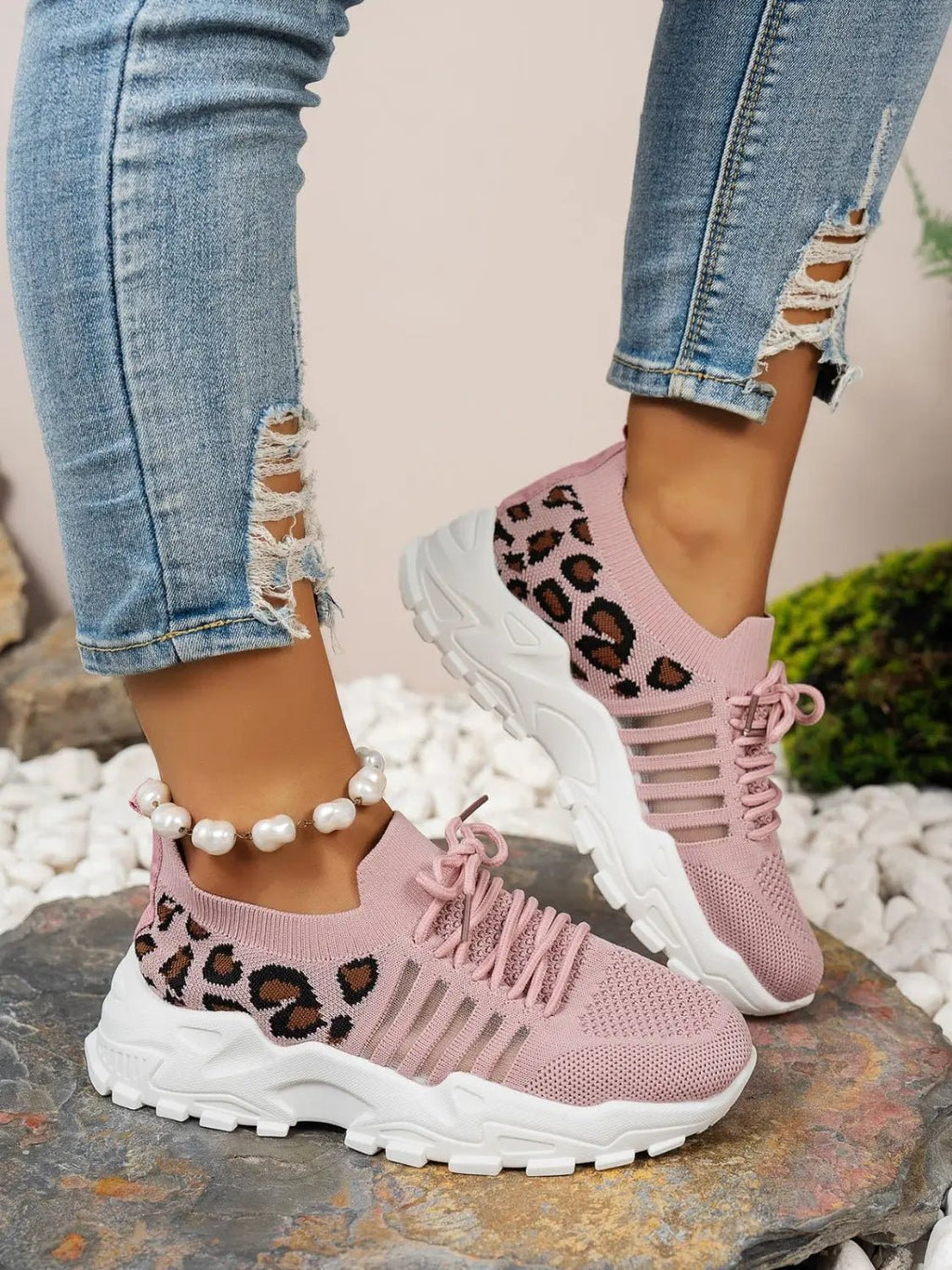 Cutout Leopard Lace Up Mesh Athletic - GlossiChic Collection Dusty Pink / 36(US5) GlossiChic Collection Shoes